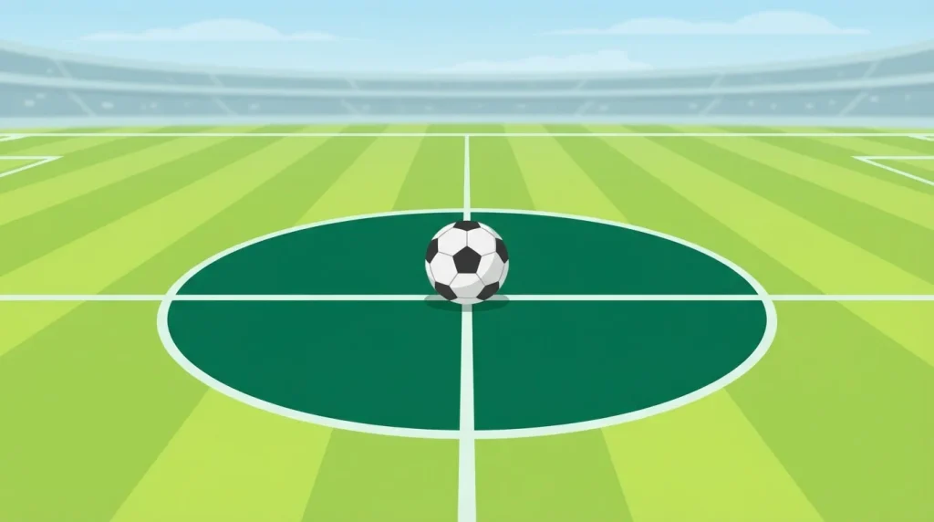 Fußball auf dem Anstoßpunkt eines grünen Spielfeldes mit klaren Linien