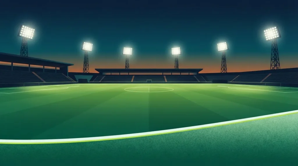 Fußballfeld unter vier Flutlichtmasten mit langen geometrischen Schatten