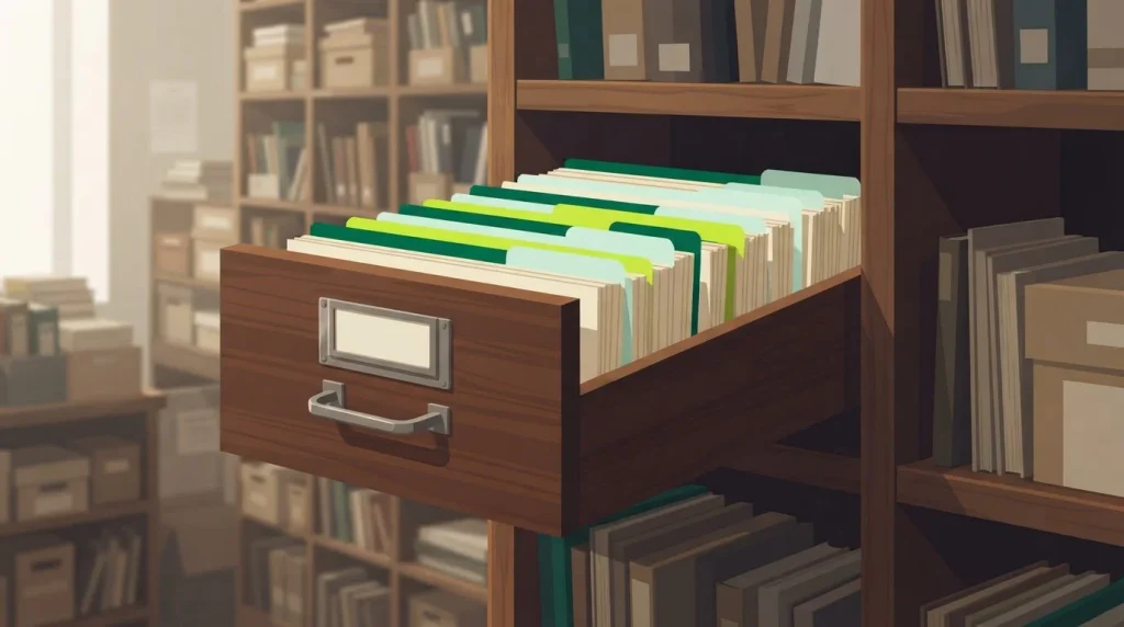 Grünes Archivregal mit geordneten Karteikarten und schlichten Ablagefächern