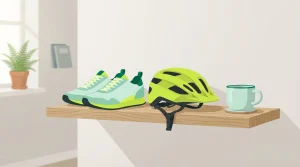 Sportschuhe und Fahrradhelm auf einem grünen Regal neben Sportkleidung