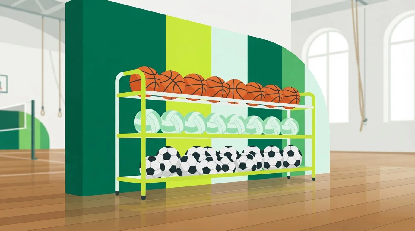 Regal mit Bällen verschiedener Sportarten in einer Turnhalle