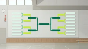 Turnierbrett aus geometrischen Linien an einer Hallenwand mit nummerierten Feldern